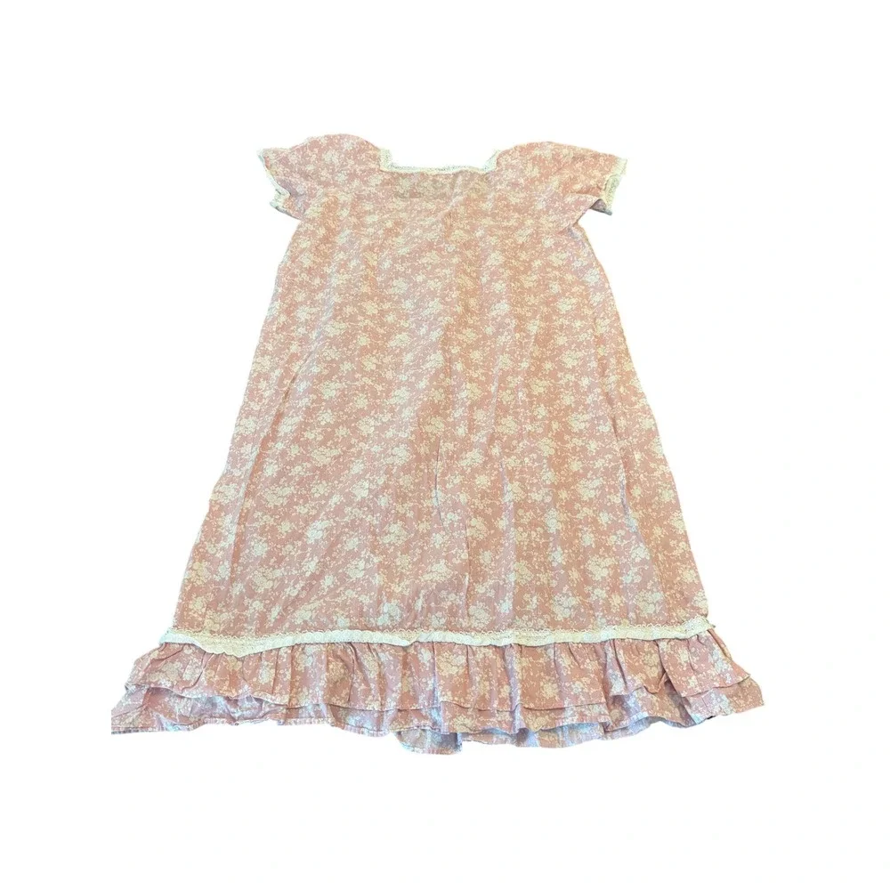 The 1 for U Pink Floral Cotton Nightgown Lace Trim Smocked Victorian Sleepwear L